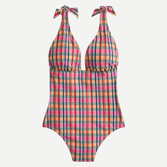J. Crew Other - New! J. Crew sz 6 Tie-shoulder one-piece Pink Plaid Swimsuit Madras NWT